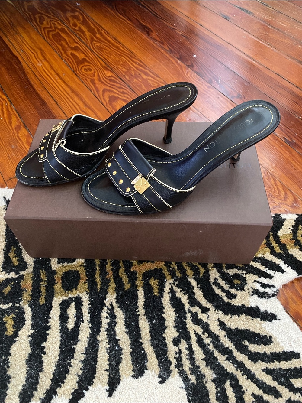 Louis Vuitton Black Leather Studded Slide Mules with Gold Hardware